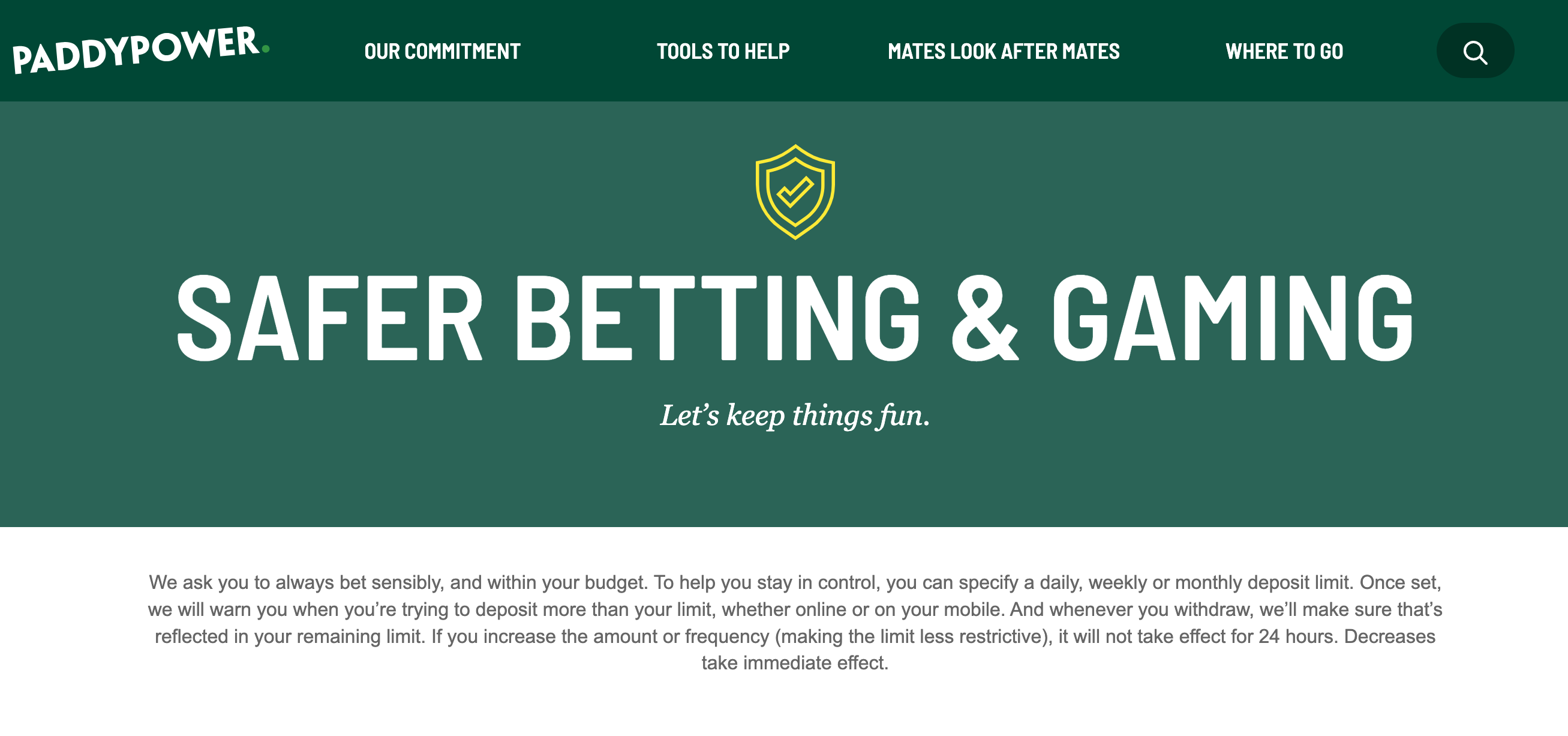 Paddy Power's safer gambling section, with menus for tools to help, links to third party organisations, and information to help with problem gambling